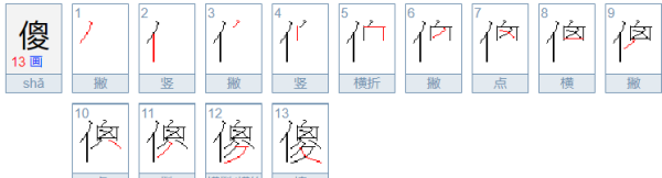 傻瓜的傻笔画,傻的笔顺图1